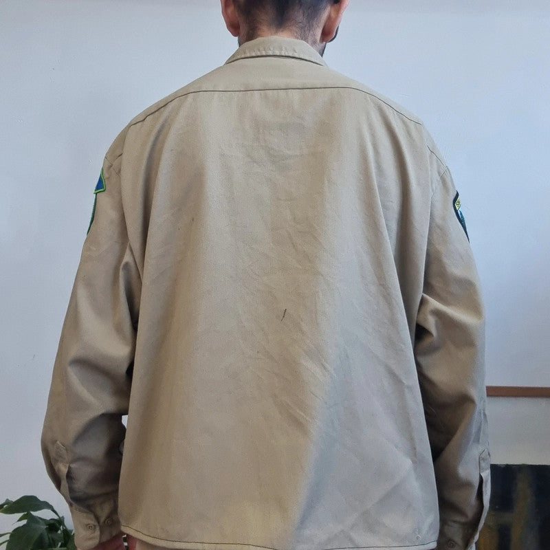 Vintage Dickies Boxy Fit Cropped Shirt Long Sleeve XXL plain Beige Button Up Skater Y2K Surf