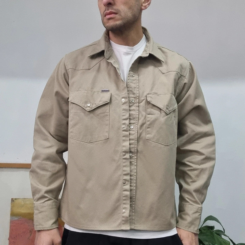 Vintage Carhartt Boxy Fit Cropped Over Shirt shacket Sleeve Medium plain Beige Button Up