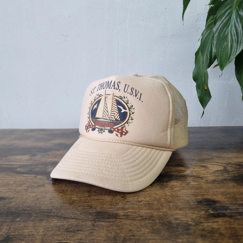 Vintage St. Thomas U.S. Virgin Islands trucker snapback hat cap cream one size adjustable
