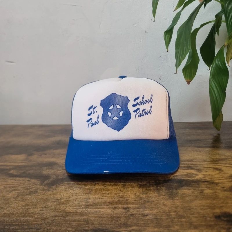 Vintage boys American Trucker Hat Snapback cap one size adjustable white blue school patrol