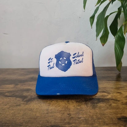 Vintage boys American Trucker Hat Snapback cap one size adjustable white blue school patrol