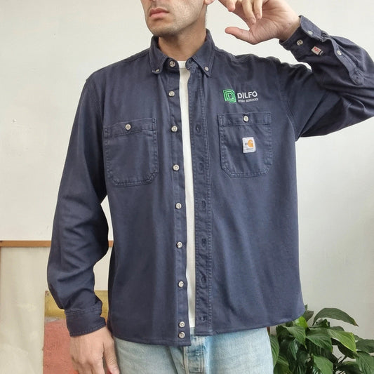 Carhartt FR Boxy Fit Cropped Shirt long Sleeve Medium plain Blue Button Up Skater Y2K Surf
