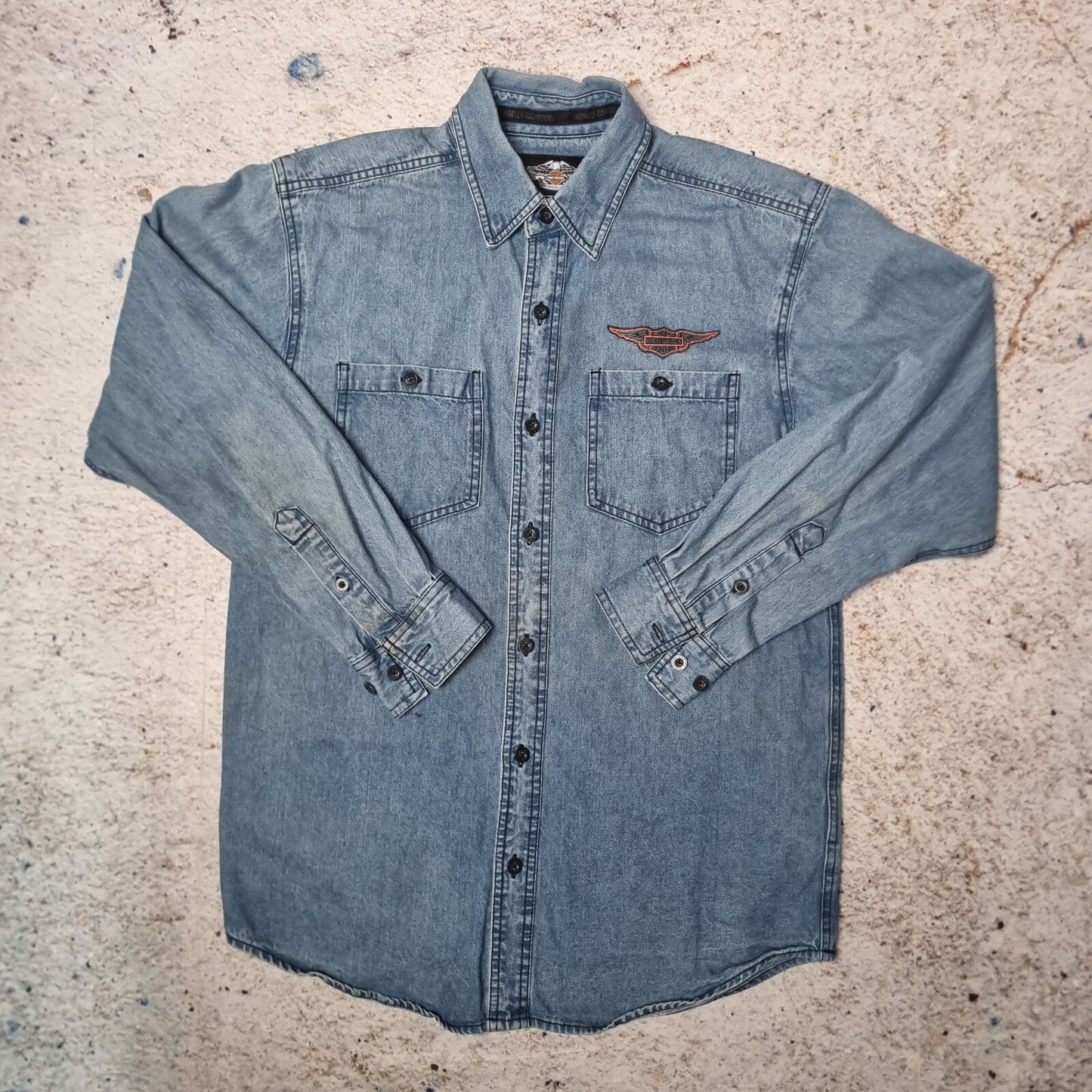 Harley Davidson Shirt Mens Denim Style Long Sleeve Overshirt - Blue - Size S