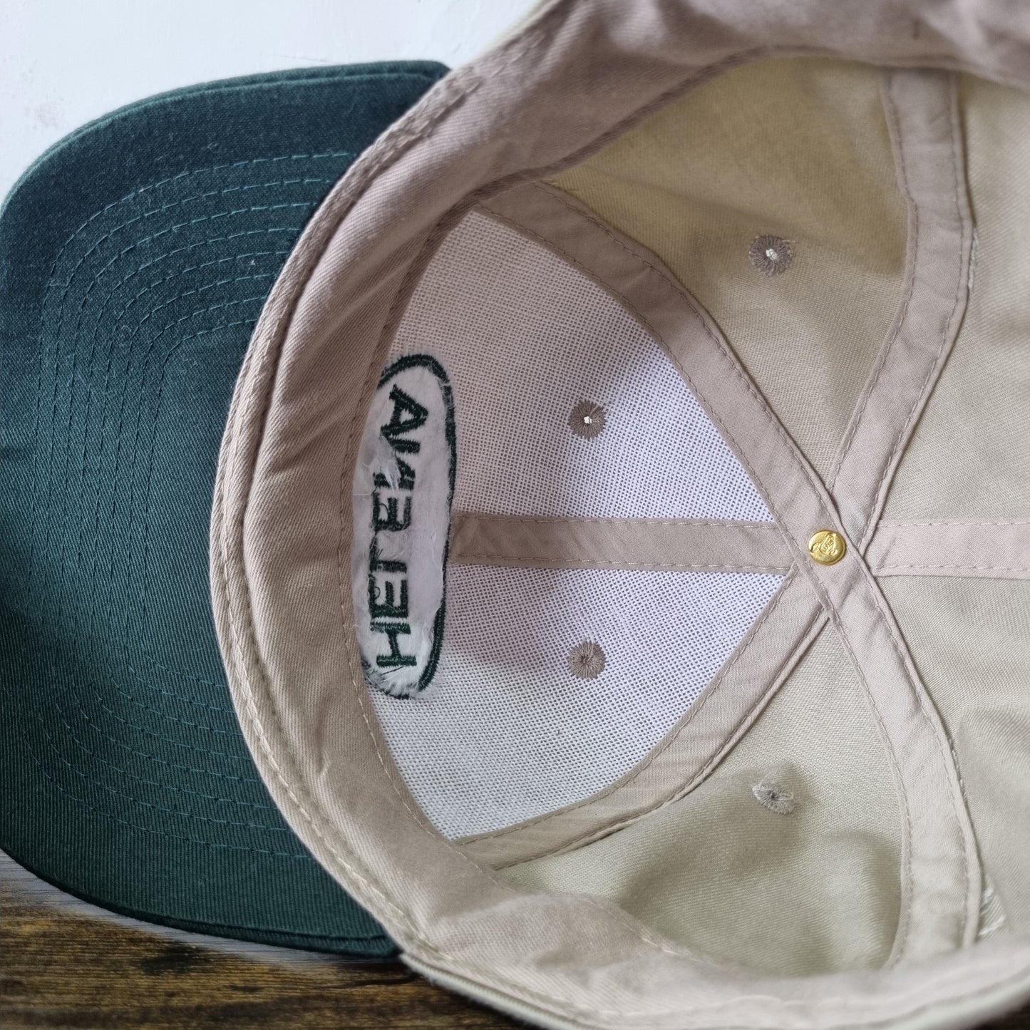 Vintage American Trucker Hat Snapback cap one size adjustable beige green Helena