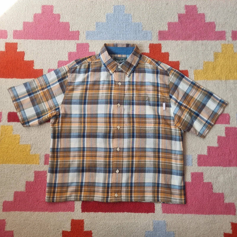 Vintage Woolrich Boxy Fit Cropped Shirt Short Sleeve Medium brown Button Up Skater Y2K Surf