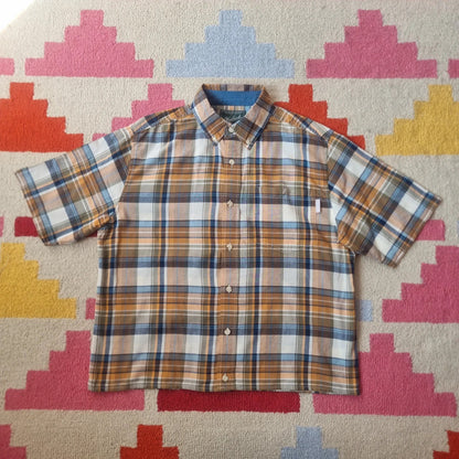 Vintage Woolrich Boxy Fit Cropped Shirt Short Sleeve Medium brown Button Up Skater Y2K Surf