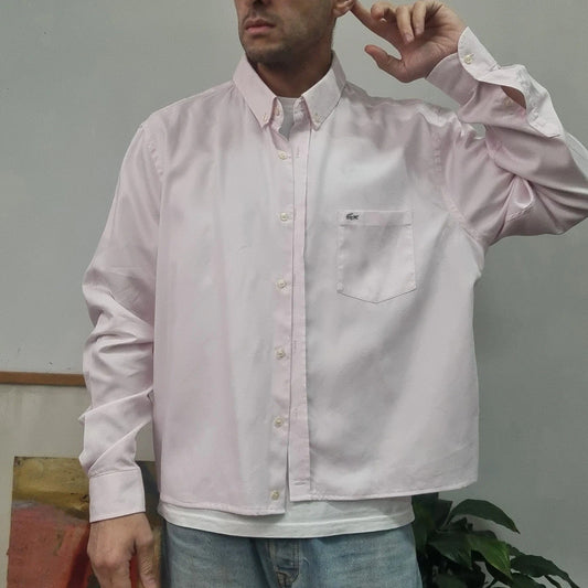 Vintage Lacoste Fit Cropped Shirt long Sleeve XL plain pink Button Up Skater Y2K Surf