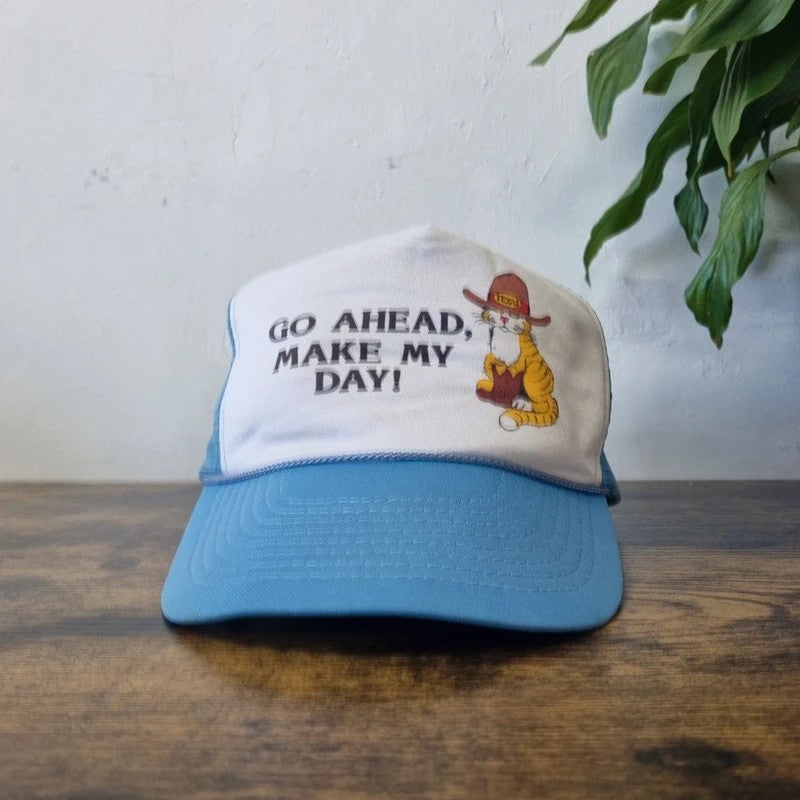Vintage American Trucker Hat Snapback cap one size adjustable blue white make my day