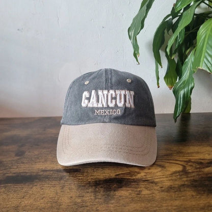 Vintage American Baseball Hat Snapback cap one size adjustable Cancun mexico grey beige