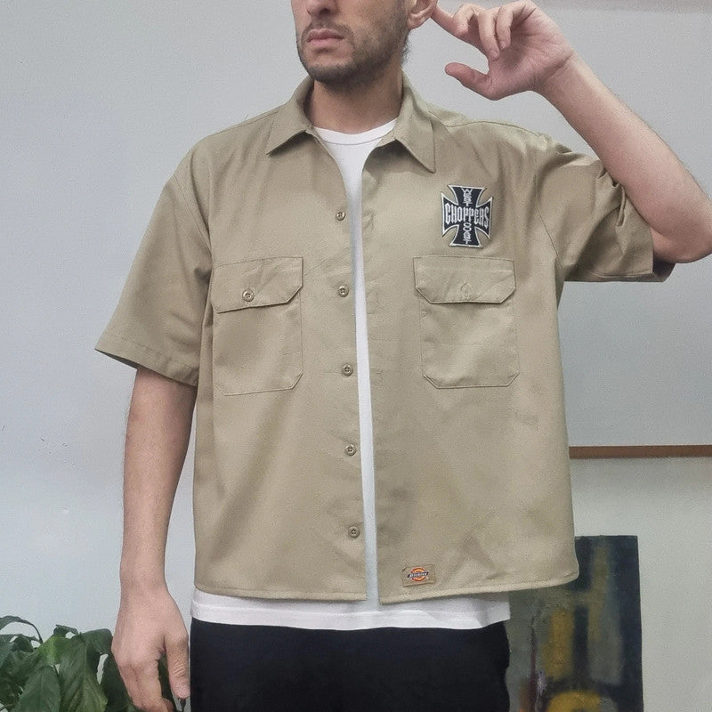 Vintage Dickies Boxy Fit Cropped Shirt Short Sleeve large plain Beige Button Up Skater Y2K Surf