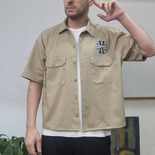 Vintage Dickies Boxy Fit Cropped Shirt Short Sleeve large plain Beige Button Up Skater Y2K Surf
