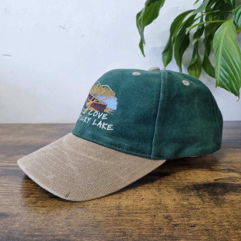 Vintage American Baseball Hat Snapback cap one size green beige cozy cove kentucky lake