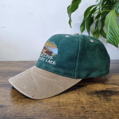 Vintage American Baseball Hat Snapback cap one size green beige cozy cove kentucky lake