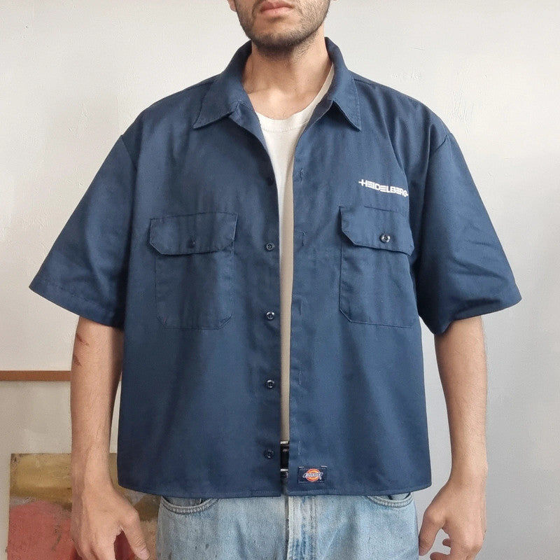 Vintage Dickies Boxy Fit Cropped Shirt Short Sleeve XL plain navy Button Up Skater Y2K Surf