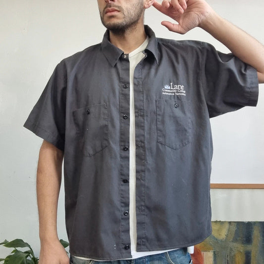 Vintage Dickies Boxy Fit Cropped Shirt Short Sleeve XL plain Grey Button Up Skater Y2K Surf