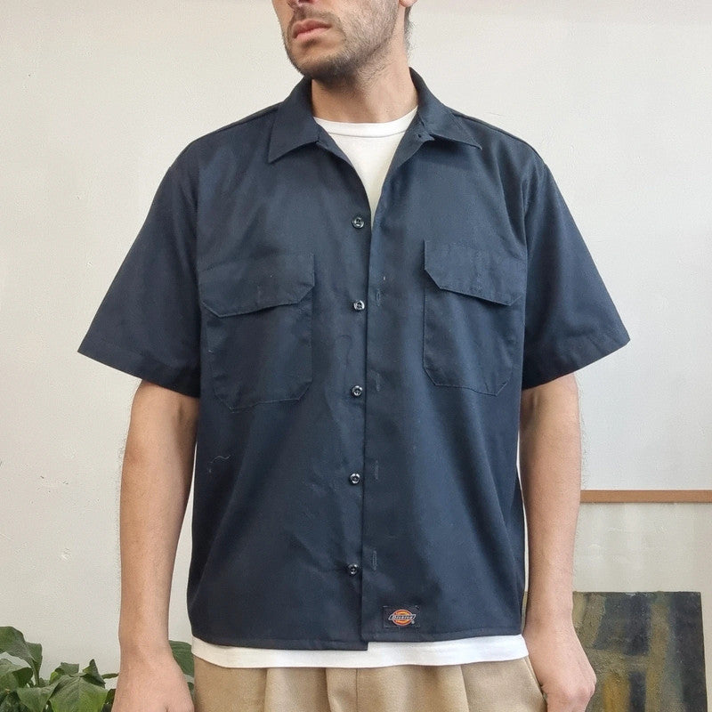 Vintage Dickies Boxy Fit Cropped Shirt short Sleeve medium plain Navy Button Up NY baseball