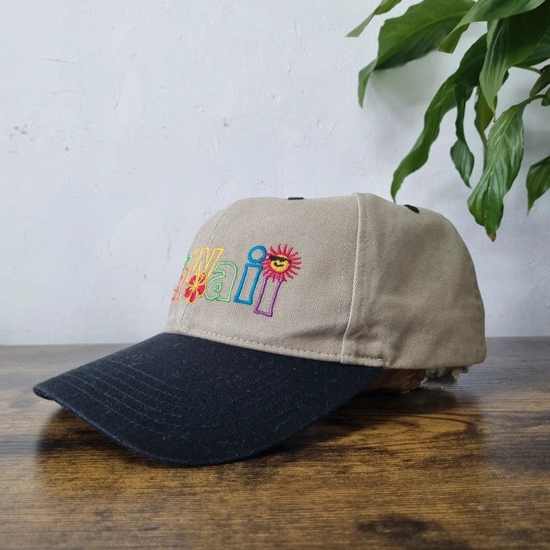 Vintage American Baseball Hat Snapback cap one size adjustable beige black Hawaii