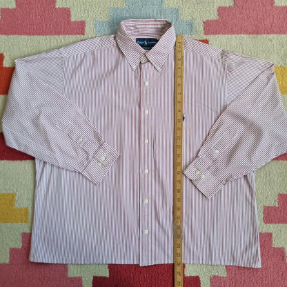 Vintage Ralph Lauren Boxy Fit Cropped Shirt Long Sleeve Large Striped red Button Up Skater Y2K