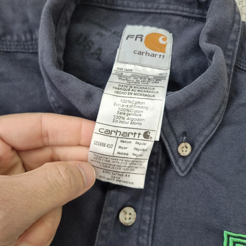 Carhartt FR Boxy Fit Cropped Shirt long Sleeve Medium plain Blue Button Up Skater Y2K Surf