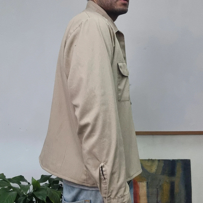 Vintage Dickies Boxy Fit Cropped Shirt Long Sleeve large plain Beige Button Up Skater Y2K Surf