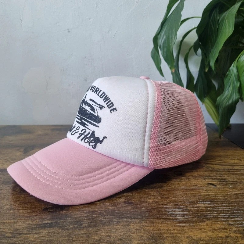 Vintage American Trucker Hat Snapback cap one size adjustable pink white boats prestige y2k