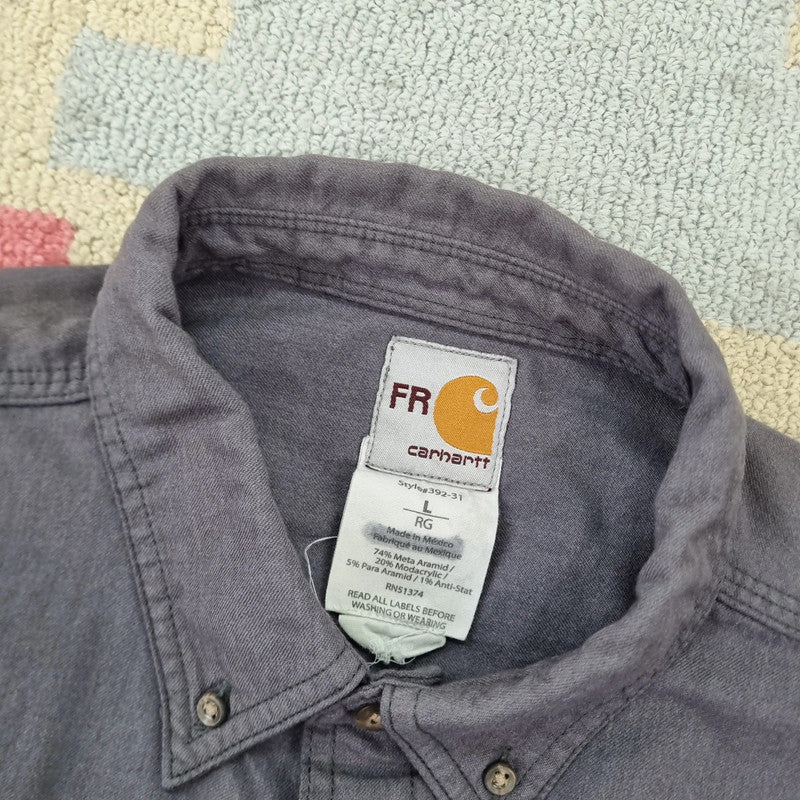 Carhartt FR Boxy Fit Cropped Shirt Long Sleeve Large plain Grey Button Up Skater Y2K Surf