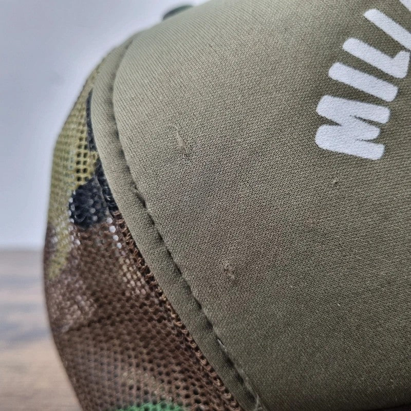 Vintage American Trucker Hat Snapback cap one size adjustable khaki camo fishing millerville fish