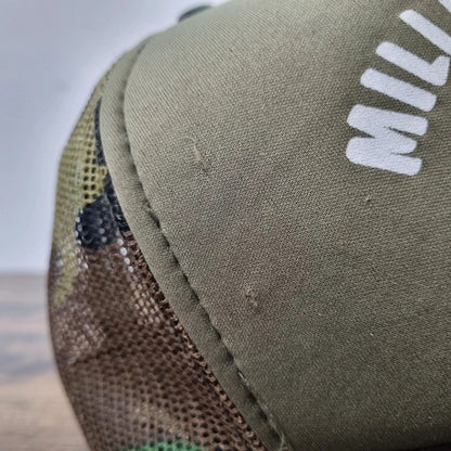 Vintage American Trucker Hat Snapback cap one size adjustable khaki camo fishing millerville fish