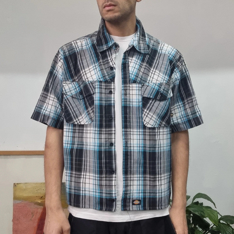 Vintage Dickies Boxy Fit Cropped Shirt Short Sleeve Medium check Blue Button Up Skater Y2K Surf