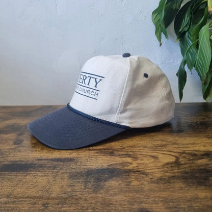 Vintage American Trucker Hat Snapback cap one size adjustable cream blue liberty baptist church