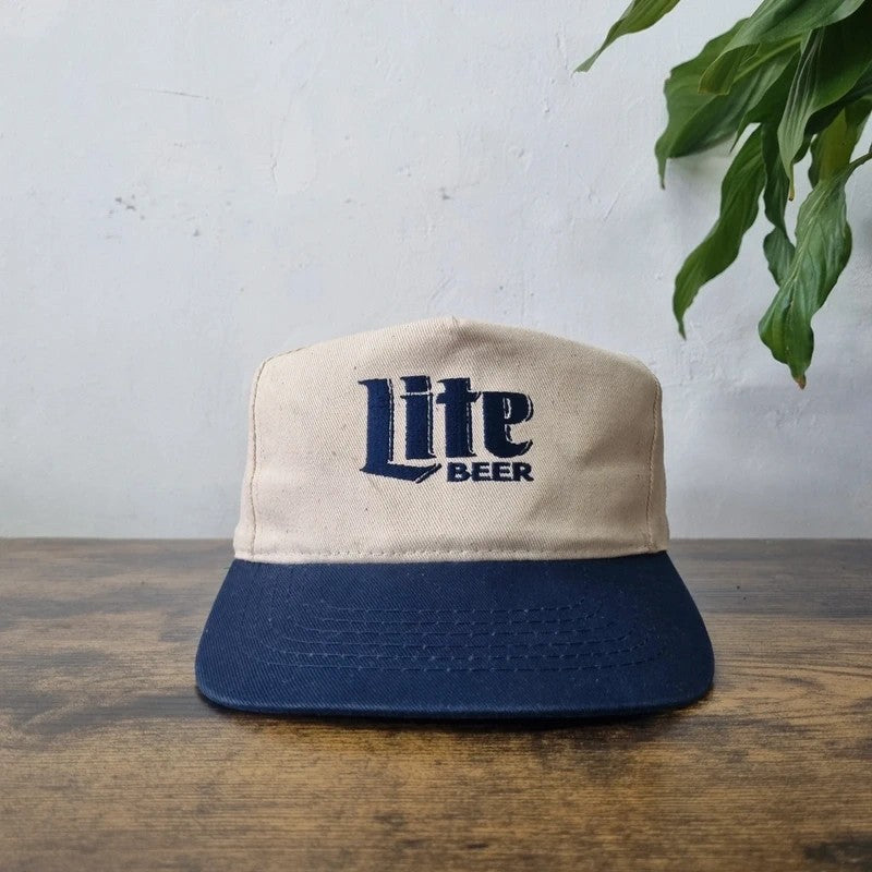 Vintage American Baseball Hat Snapback cap one size adjustable cream navy Miller lite beer