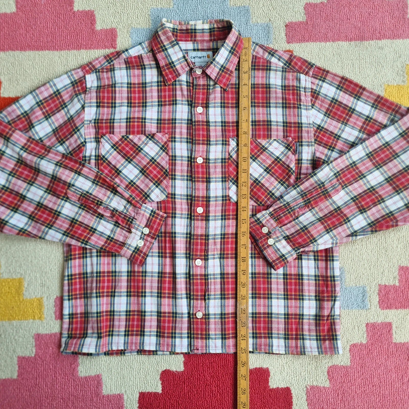 Vintage Carhartt Boxy Fit Cropped Shirt Short Sleeve Medium check red Button Up Skater Y2K Surf