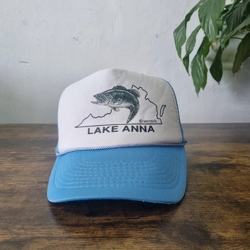 Vintage American Trucker Hat Snapback cap one size adjustable blue white fish lake anna