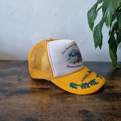 Vintage German Trucker Hat Snapback cap one size adjustable yellow white beer festival train 92
