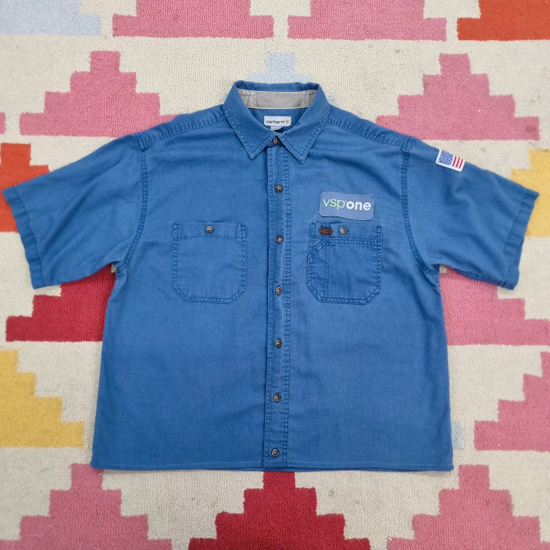 Vintage Carhartt Boxy Fit Cropped Shirt Short Sleeve large plain Blue Button Up Skater Y2K Surf