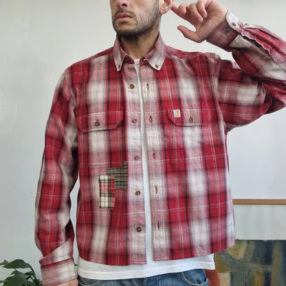 Vintage Carhartt Boxy Fit Cropped Shirt Short Sleeve large check Red Button Up Skater Y2K Surf