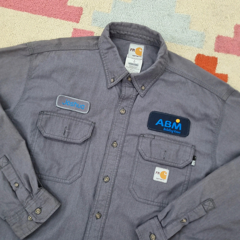 Carhartt FR Boxy Fit Cropped Shirt Long Sleeve Large plain Grey Button Up Skater Y2K Surf