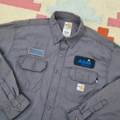 Carhartt FR Boxy Fit Cropped Shirt Long Sleeve Large plain Grey Button Up Skater Y2K Surf