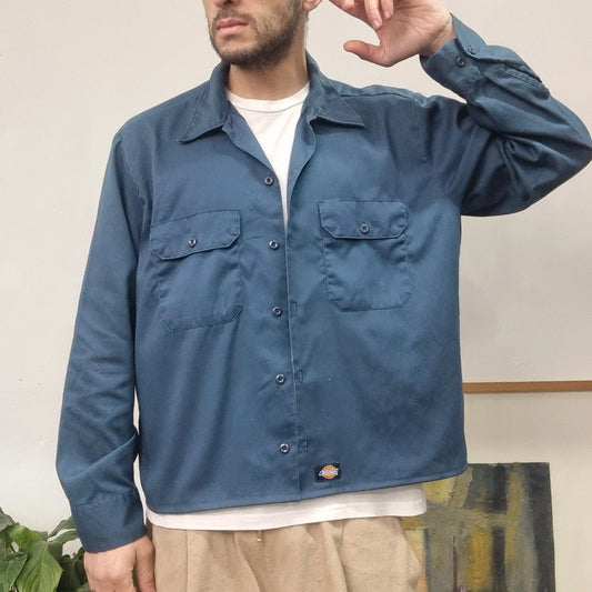 Vintage Dickies Boxy Fit Cropped Shirt Short Sleeve XL plain navy  Button Up Skater Y2K Surf