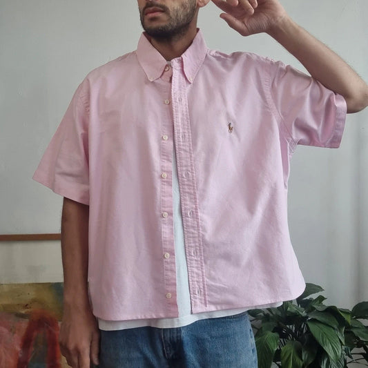 Ralph lauren Boxy Fit Cropped Shirt short Sleeve XL plain pink Button Up Skater Y2K Surf
