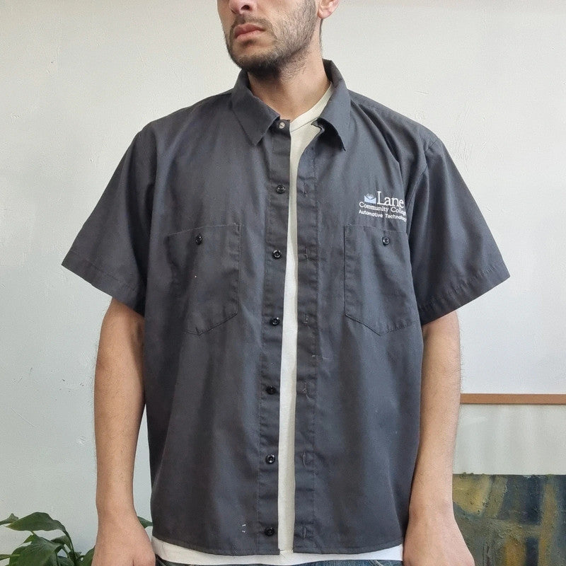 Vintage Dickies Boxy Fit Cropped Shirt Short Sleeve XL plain Grey Button Up Skater Y2K Surf