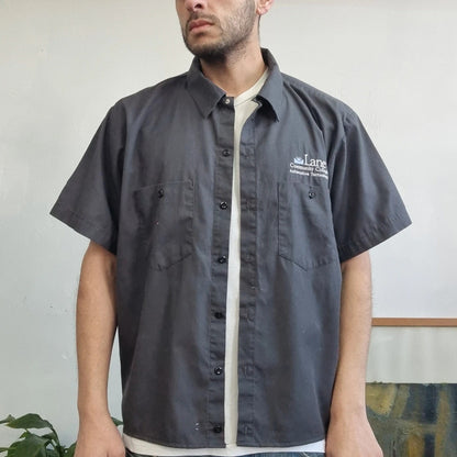 Vintage Dickies Boxy Fit Cropped Shirt Short Sleeve XL plain Grey Button Up Skater Y2K Surf