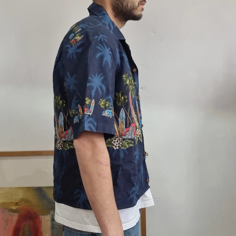 Vintage hawaii Boxy Fit Cropped Shirt Short Sleeve large print Blue Button Up Skater Y2K Surf
