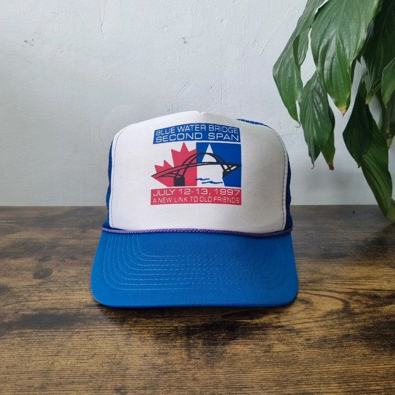 Vintage American Trucker Hat Snapback cap one size adjustable blue white blue water bridge