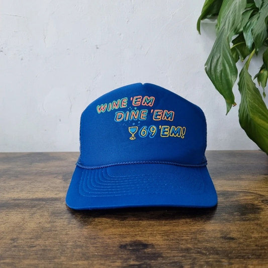 Vintage American Baseball Hat Snapback cap one size blue wine em dine em 69 em