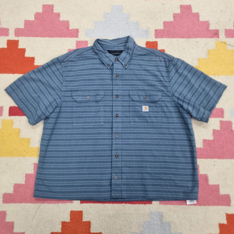 Carhartt Boxy Fit Cropped Shirt Short Sleeve XL Striped Blue Button Up Skater Y2K Surf