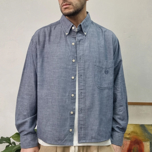 Chaps Ralph Lauren Boxy Fit Cropped Shirt Long Sleeve large plain blue Button Up Skater Y2K Surf