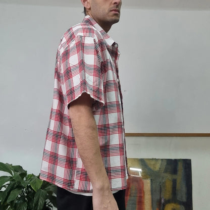 Vintage Columbia Boxy Fit Cropped Shirt short Sleeve XL Check red Button Up Skater Y2K Surf