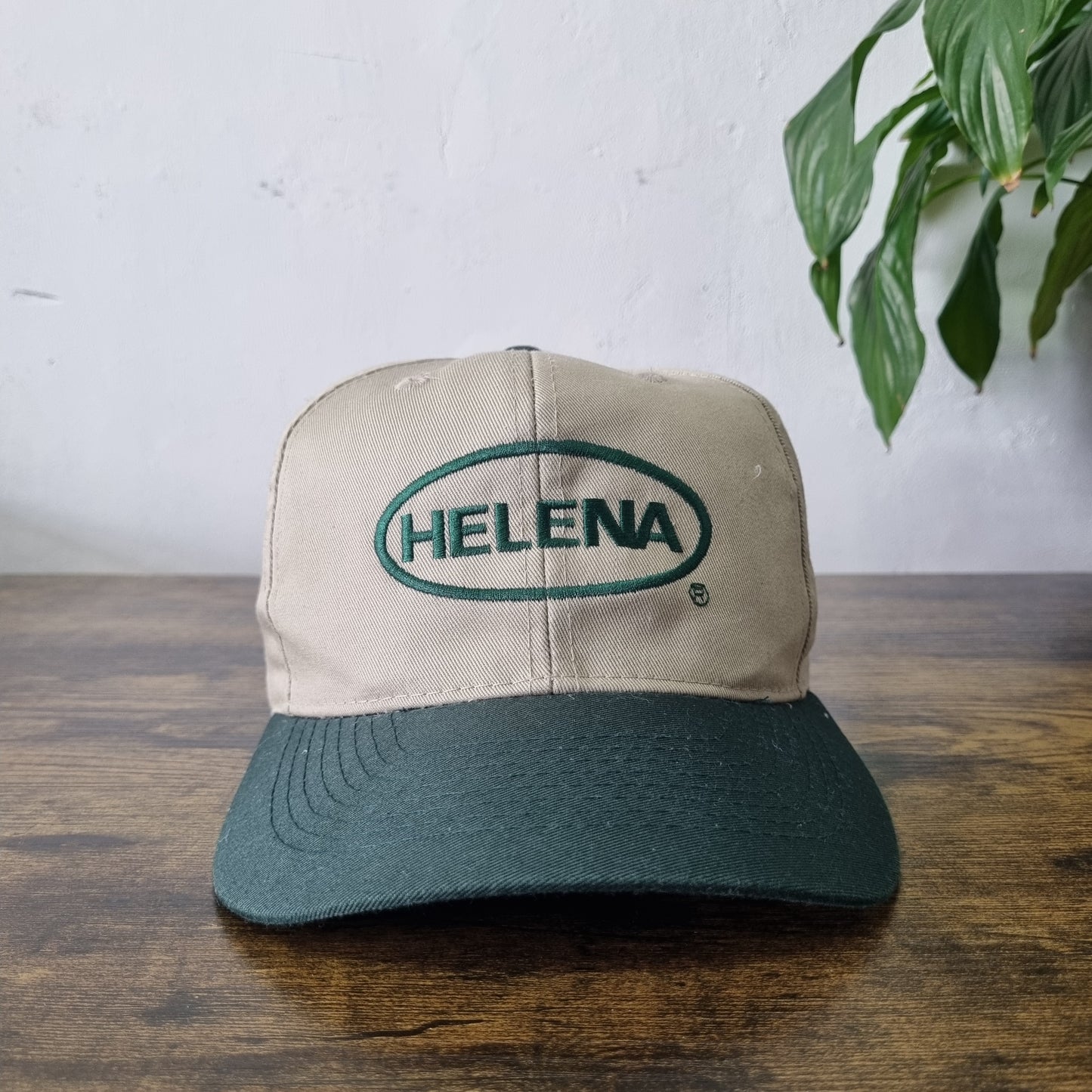 Vintage American Trucker Hat Snapback cap one size adjustable beige green Helena
