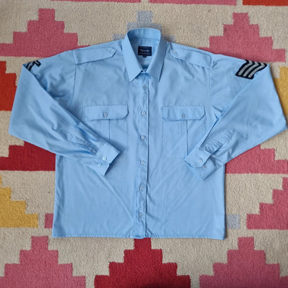 Vintage military Army Boxy Fit Cropped Shirt Long Sleeve medium plain Blue Button Up Skater Y2K